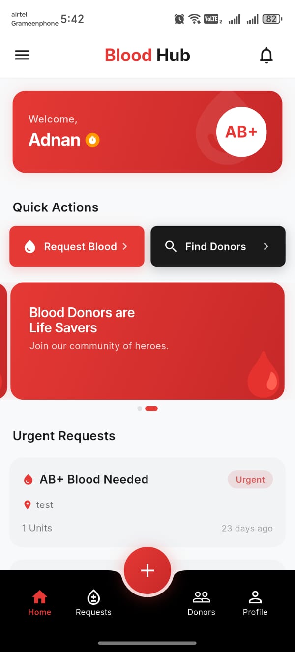 Blood Hub app home screen showing quick actions, urgent requests and donor search
